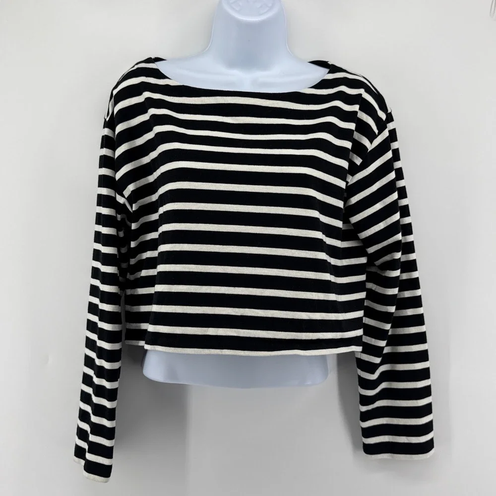 J.Crew Black White Striped Cropped Boatneck Mariner Cotton Tee Top Small Coastal